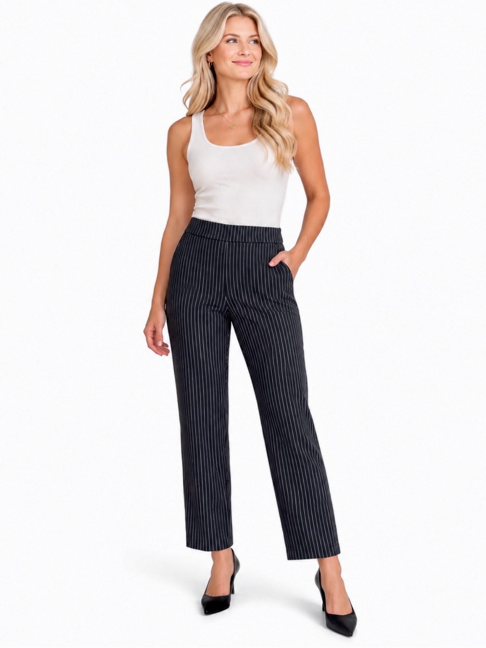 Who What Wear Pinstripe Pull-On Trousers Size 14 Black White Office Career